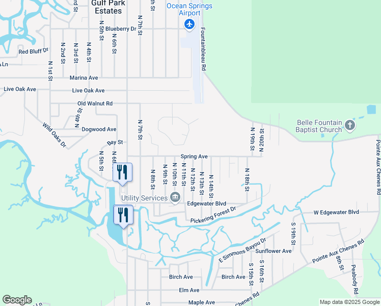 map of restaurants, bars, coffee shops, grocery stores, and more near 8700 Spring Avenue in Ocean Springs