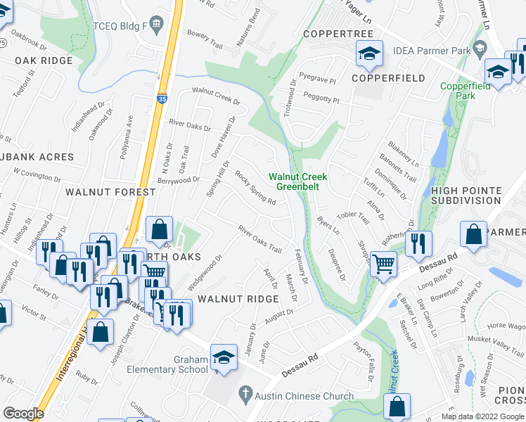 map of restaurants, bars, coffee shops, grocery stores, and more near 922 Berrywood Drive in Austin