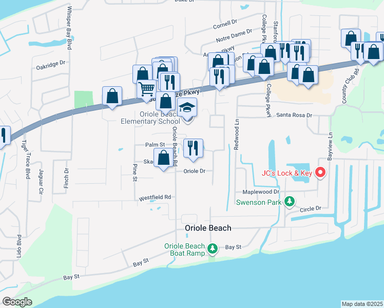map of restaurants, bars, coffee shops, grocery stores, and more near 3124 Oriole Drive in Gulf Breeze