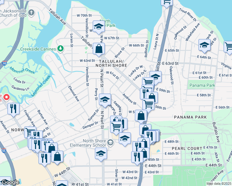 map of restaurants, bars, coffee shops, grocery stores, and more near 6642 Sunset Drive in Jacksonville