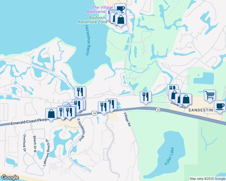 map of restaurants, bars, coffee shops, grocery stores, and more near 8877 Baypine Drive in Destin