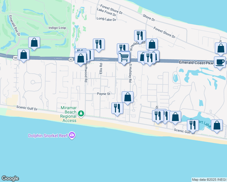 map of restaurants, bars, coffee shops, grocery stores, and more near 13 Emerald Haven Drive in Miramar Beach