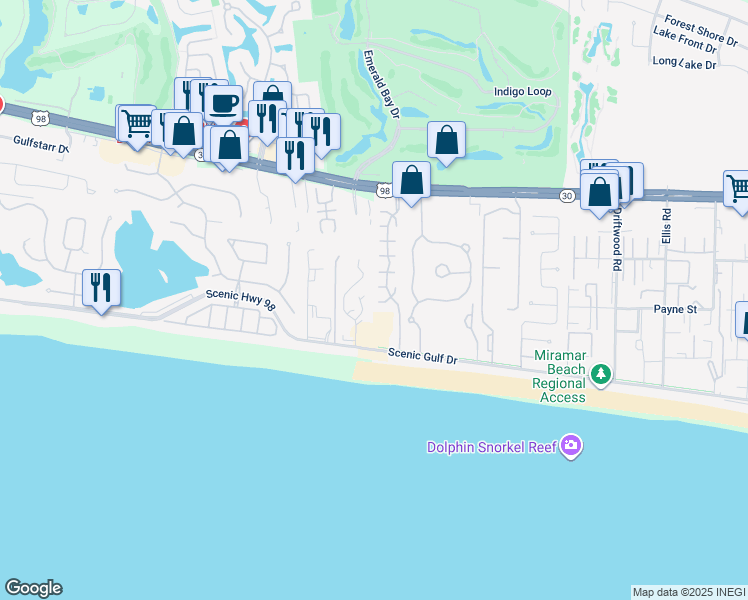 map of restaurants, bars, coffee shops, grocery stores, and more near 39 Topaz Cove in Destin