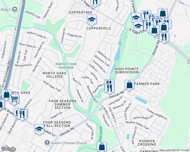 map of restaurants, bars, coffee shops, grocery stores, and more near 1412 Alma Drive in Austin