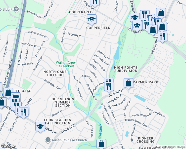 map of restaurants, bars, coffee shops, grocery stores, and more near 11905 Tobler Trail in Austin