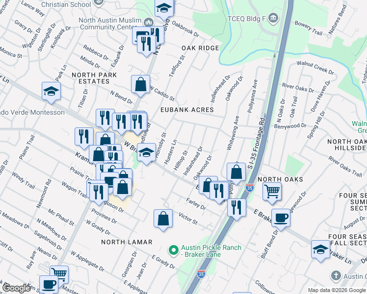 map of restaurants, bars, coffee shops, grocery stores, and more near 11311 Hunters Lane in Austin