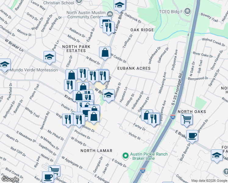map of restaurants, bars, coffee shops, grocery stores, and more near 11307 Hornsby Street in Austin