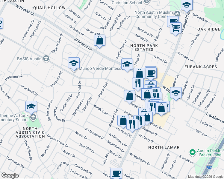map of restaurants, bars, coffee shops, grocery stores, and more near 1101 Prairie Trail in Austin