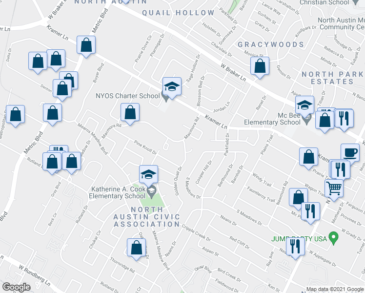 map of restaurants, bars, coffee shops, grocery stores, and more near 10701 Macmora Road in Austin