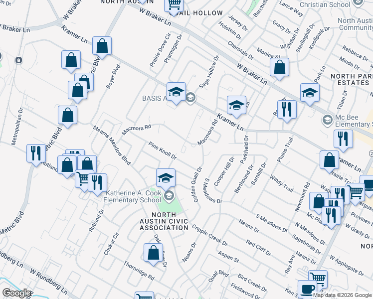 map of restaurants, bars, coffee shops, grocery stores, and more near 10701 Macmora Road in Austin