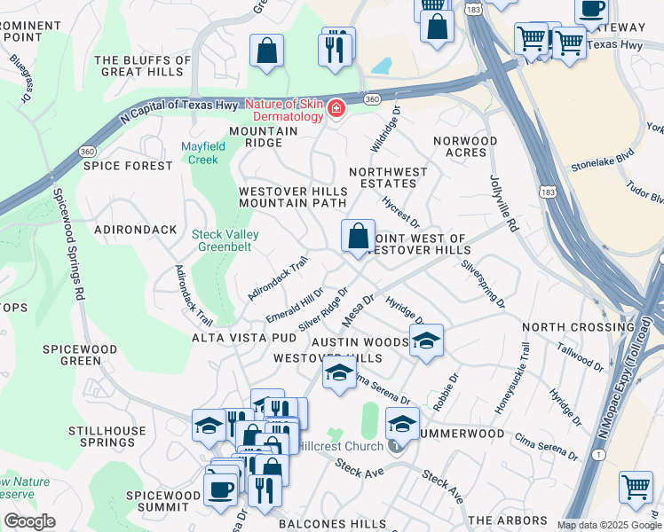 map of restaurants, bars, coffee shops, grocery stores, and more near 8602 Green Valley in Austin