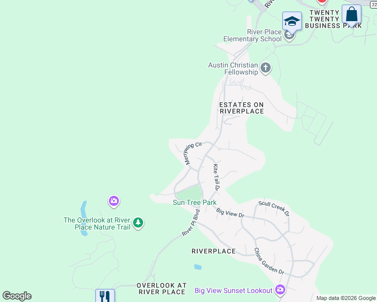 map of restaurants, bars, coffee shops, grocery stores, and more near 5411 Merrywing Circle in Austin