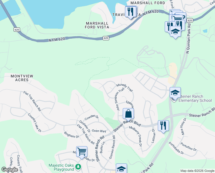 map of restaurants, bars, coffee shops, grocery stores, and more near 12904 Medina River Way in Austin