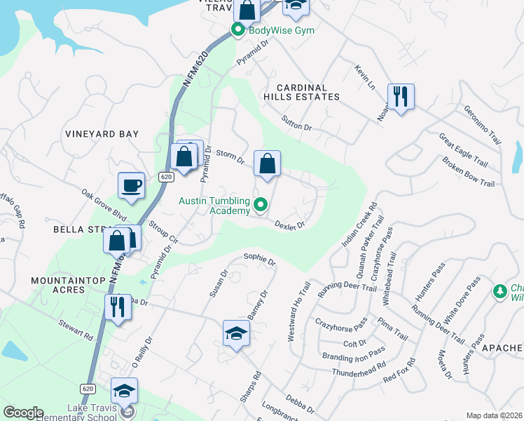 map of restaurants, bars, coffee shops, grocery stores, and more near 15201 Dexler Drive in Austin