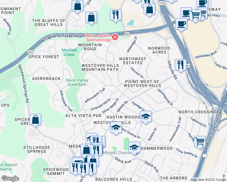 map of restaurants, bars, coffee shops, grocery stores, and more near 8602 Green Valley in Austin