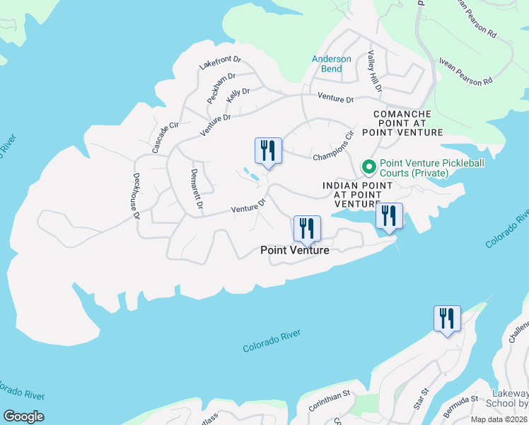 map of restaurants, bars, coffee shops, grocery stores, and more near 18508 Lakehead Circle in Lago Vista