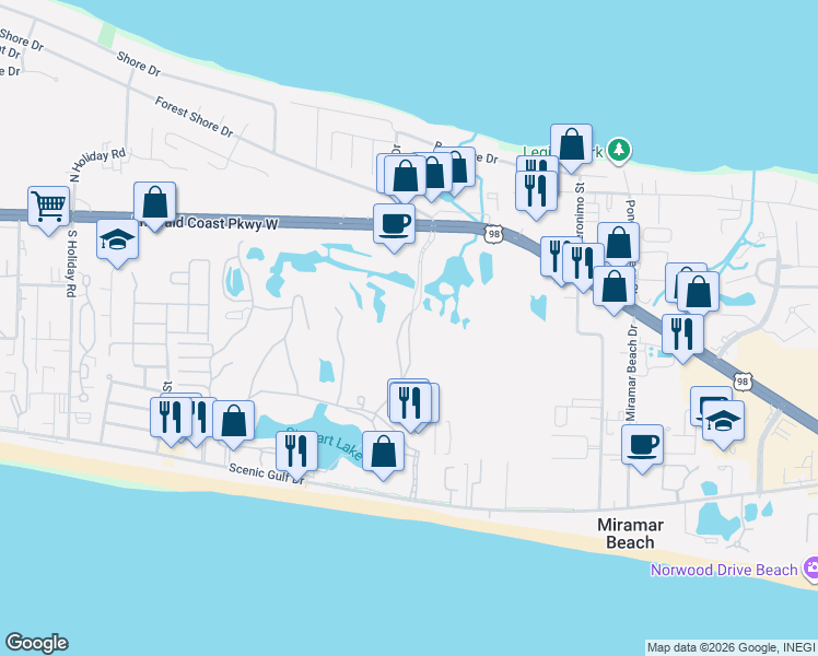 map of restaurants, bars, coffee shops, grocery stores, and more near 199 Seascape Drive in Miramar Beach