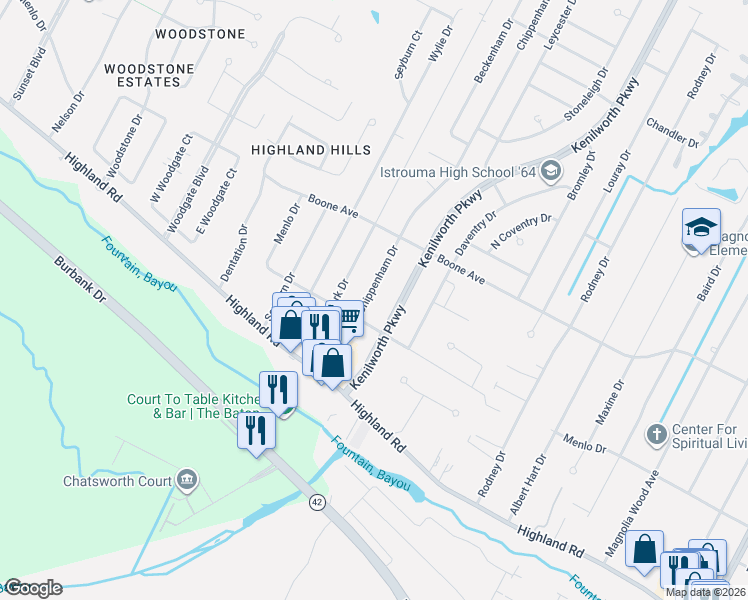 map of restaurants, bars, coffee shops, grocery stores, and more near 324 Chippenham Drive in Baton Rouge