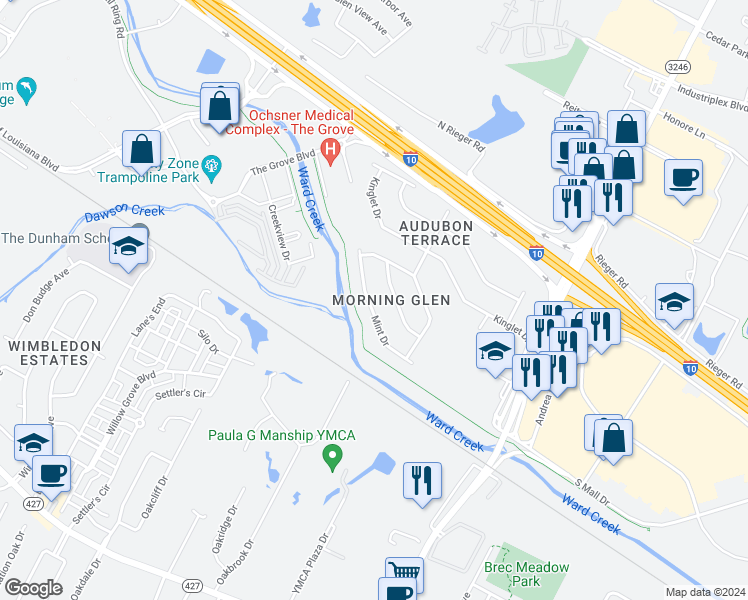 map of restaurants, bars, coffee shops, grocery stores, and more near 9837 Mint Drive in Baton Rouge