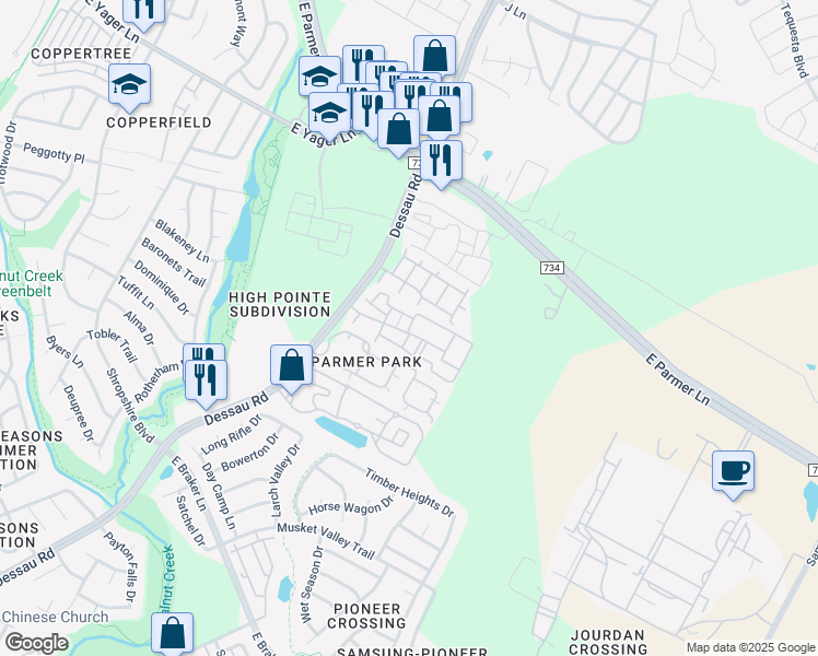 map of restaurants, bars, coffee shops, grocery stores, and more near 12101 Dessau Road in Austin