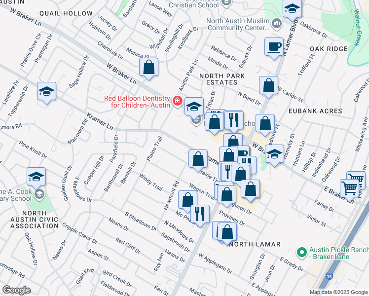 map of restaurants, bars, coffee shops, grocery stores, and more near 1009 Kramer Lane in Austin