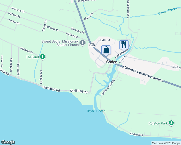 map of restaurants, bars, coffee shops, grocery stores, and more near 15000 Alba Avenue in Coden