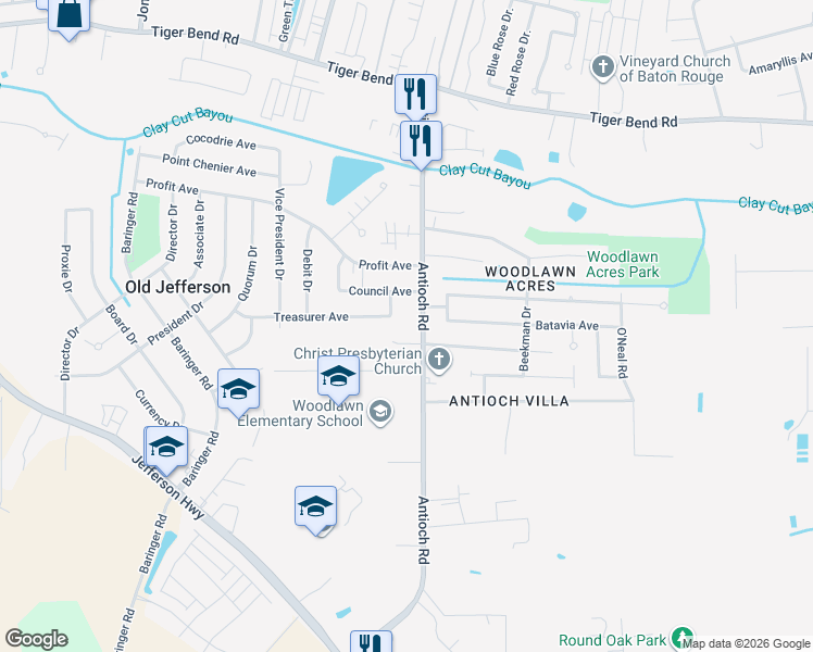 map of restaurants, bars, coffee shops, grocery stores, and more near 7770 Antioch Road in Baton Rouge
