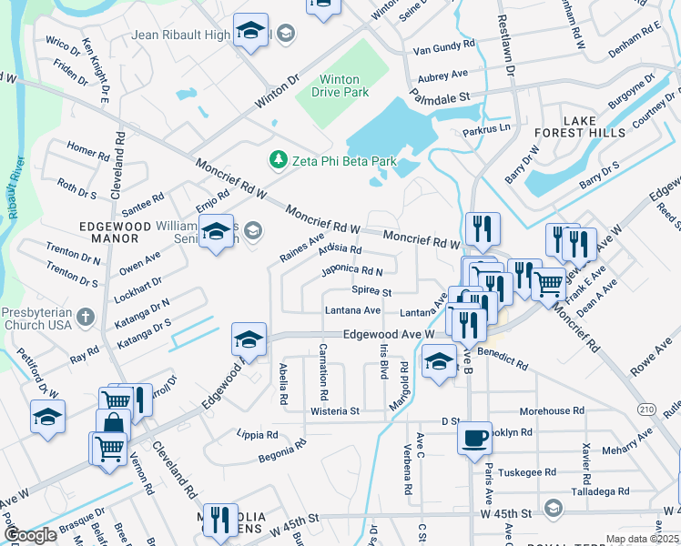 map of restaurants, bars, coffee shops, grocery stores, and more near 6204 Lobelia Street in Jacksonville