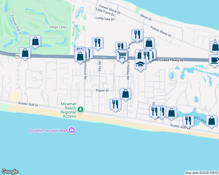 map of restaurants, bars, coffee shops, grocery stores, and more near 13 Emerald Haven Drive in Miramar Beach