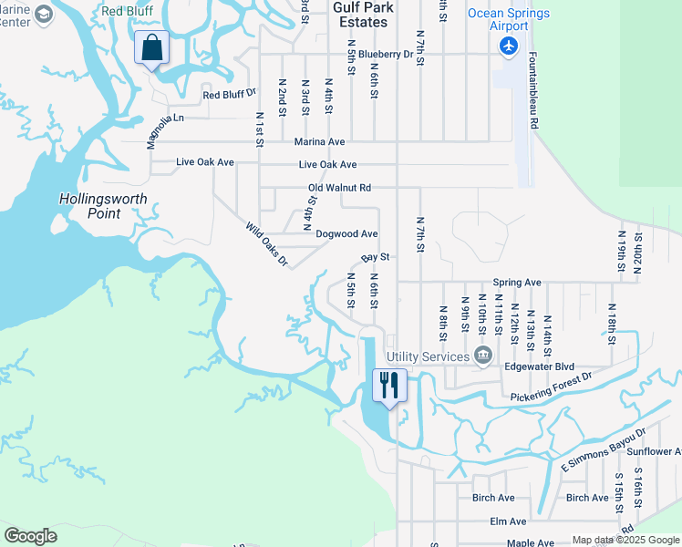 map of restaurants, bars, coffee shops, grocery stores, and more near 9237 Edgewater Boulevard in Ocean Springs