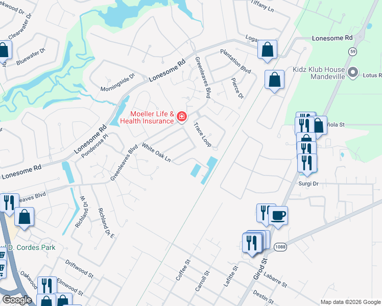 map of restaurants, bars, coffee shops, grocery stores, and more near 1052 Live Oak Loop in Mandeville