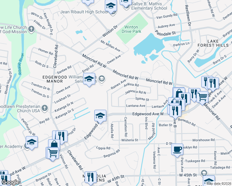map of restaurants, bars, coffee shops, grocery stores, and more near 3628 Ardisia Road in Jacksonville