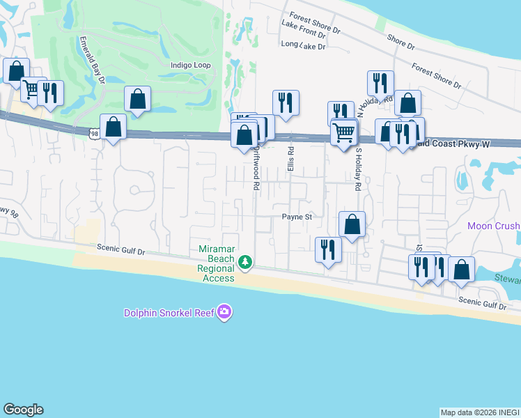 map of restaurants, bars, coffee shops, grocery stores, and more near 241 Ellis Road in Miramar Beach