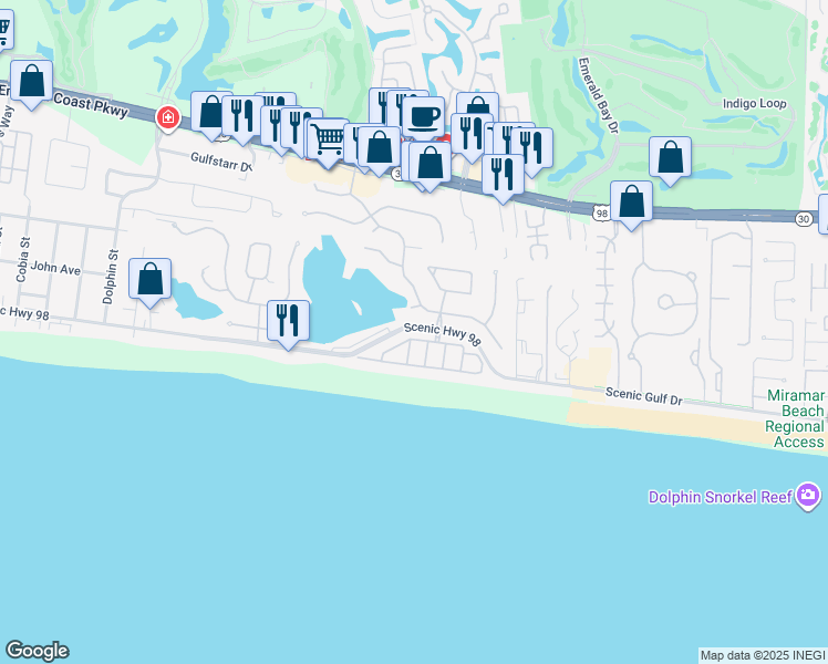 map of restaurants, bars, coffee shops, grocery stores, and more near 4822 Ocean Boulevard in Destin
