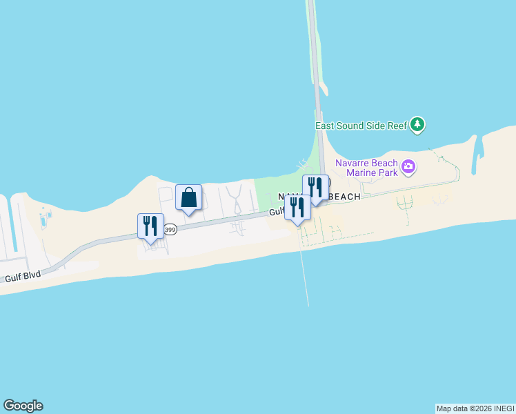 map of restaurants, bars, coffee shops, grocery stores, and more near Gulf Boulevard in Navarre