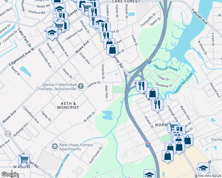map of restaurants, bars, coffee shops, grocery stores, and more near 7050 Alan Avenue in Jacksonville