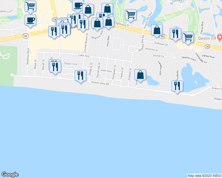 map of restaurants, bars, coffee shops, grocery stores, and more near 125 Crystal Beach Drive in Destin