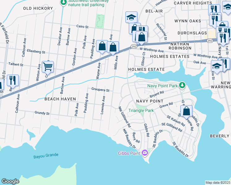 map of restaurants, bars, coffee shops, grocery stores, and more near 610 Mills Avenue in Pensacola