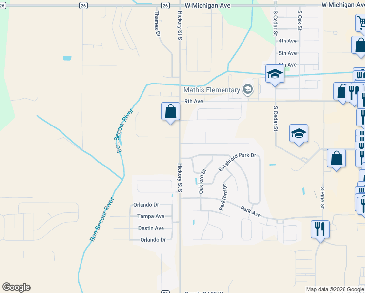 map of restaurants, bars, coffee shops, grocery stores, and more near 2272 South Hickory Street in Foley