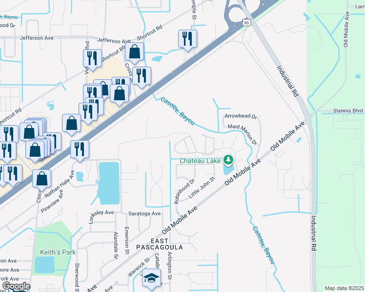 map of restaurants, bars, coffee shops, grocery stores, and more near 4800 Long Avenue in Pascagoula