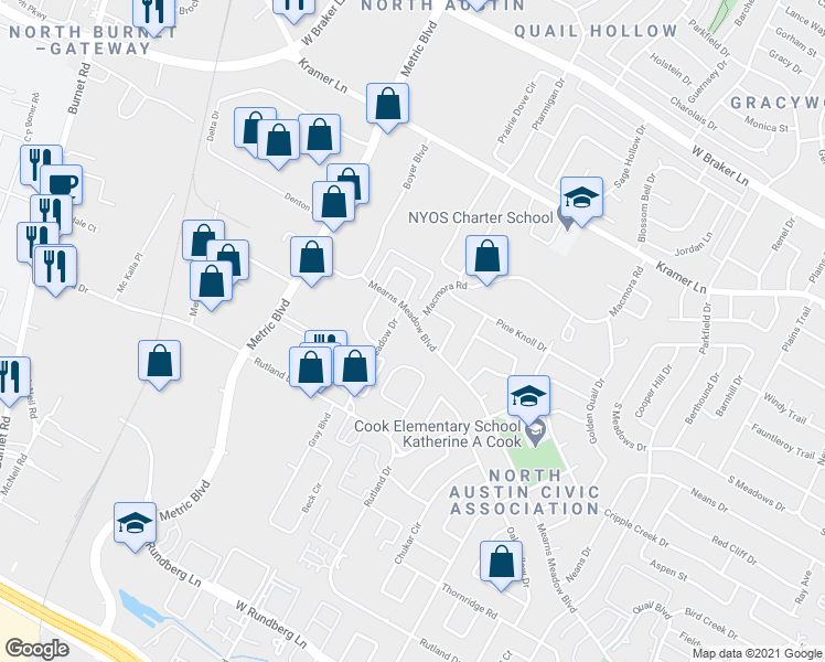 map of restaurants, bars, coffee shops, grocery stores, and more near 10307 Golden Meadow Drive in Austin