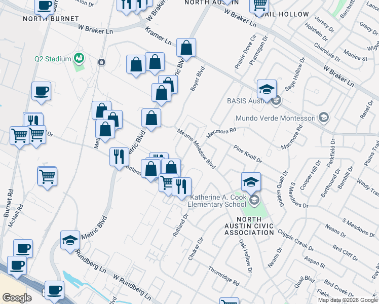 map of restaurants, bars, coffee shops, grocery stores, and more near 10307 Golden Meadow Drive in Austin