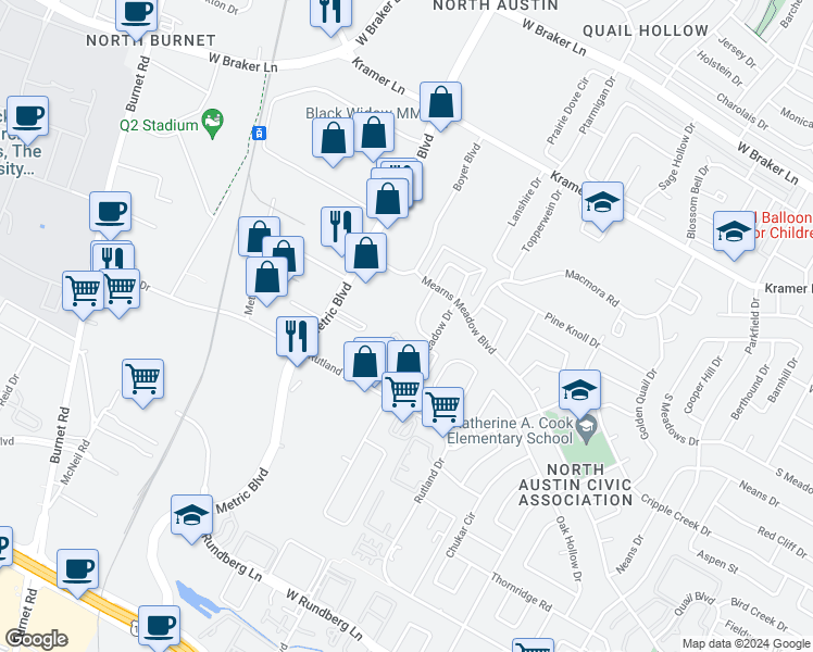 map of restaurants, bars, coffee shops, grocery stores, and more near 10304 Little Pebble Drive in Austin