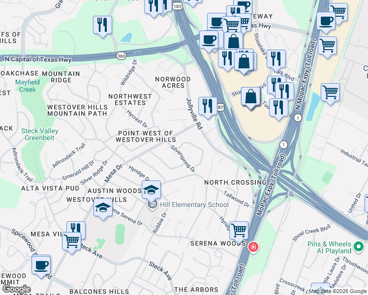 map of restaurants, bars, coffee shops, grocery stores, and more near 3910 Silverspring Drive in Austin