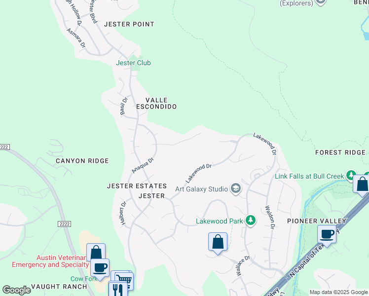 map of restaurants, bars, coffee shops, grocery stores, and more near 7113 Foxtree Cove in Austin