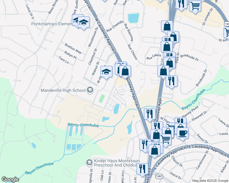 map of restaurants, bars, coffee shops, grocery stores, and more near 105 Pine Alley in Mandeville