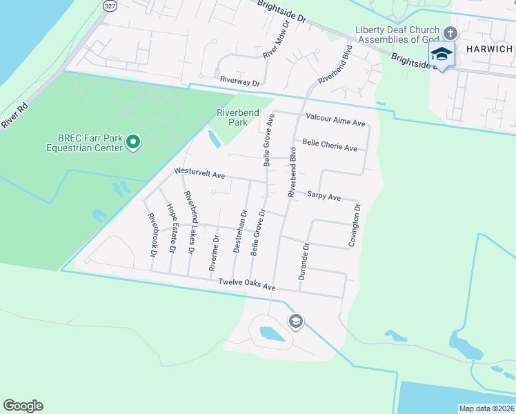 map of restaurants, bars, coffee shops, grocery stores, and more near 6103 Belle Grove Drive in Baton Rouge