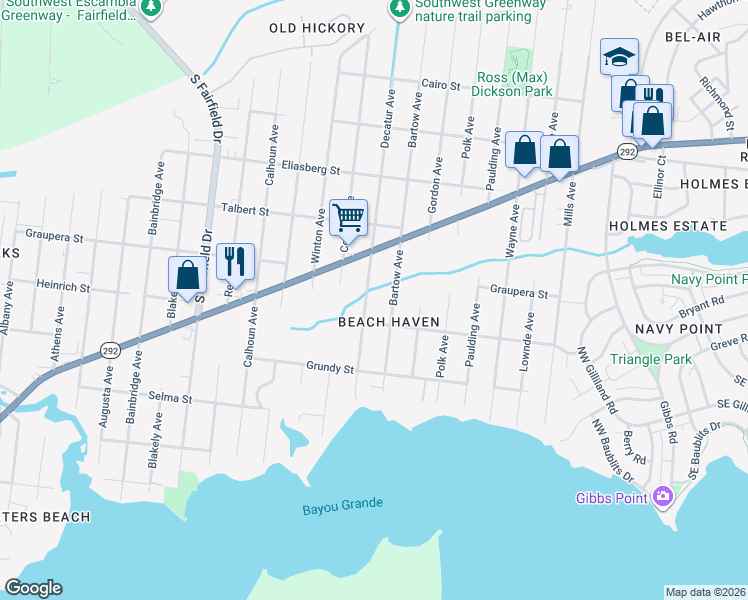 map of restaurants, bars, coffee shops, grocery stores, and more near 600 Decatur Avenue in Pensacola