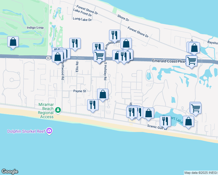 map of restaurants, bars, coffee shops, grocery stores, and more near 72 Saint Simon Circle in Miramar Beach