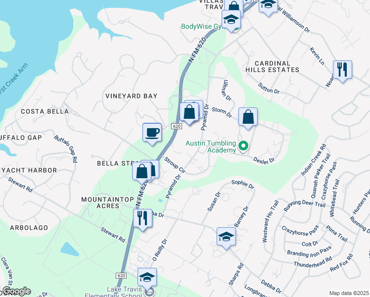 map of restaurants, bars, coffee shops, grocery stores, and more near 1901 Ranch Road 620 in Lakeway